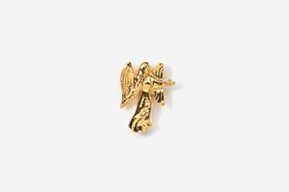 A gold plated brooch with an angel on it.